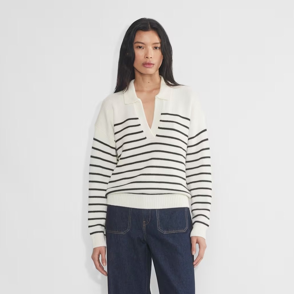 Aritzia Wilfred Clara Admiral/Light Birch Stripe Merino Wool Sweater Sz XS